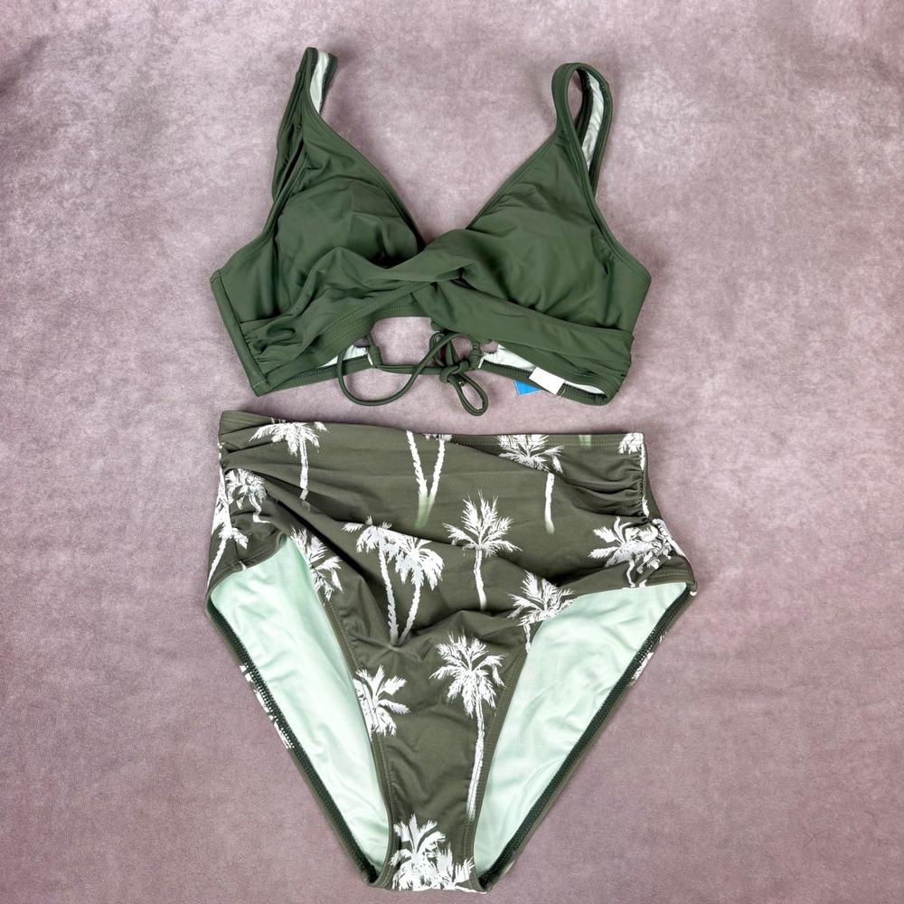 Cupshe Olive Green Palm Tree Print High Waisted Bikini Set Twist Front Lace Up M